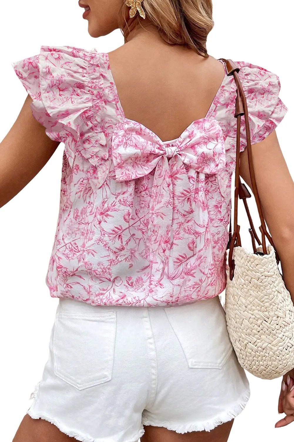 Pink Floral Ruffled Short Sleeve Bow Back Square Neck Blouse Love Salve