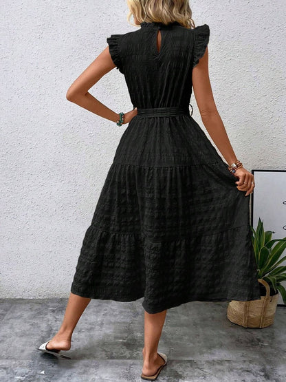 Tied Ruffled Cap Sleeve Midi Dress.