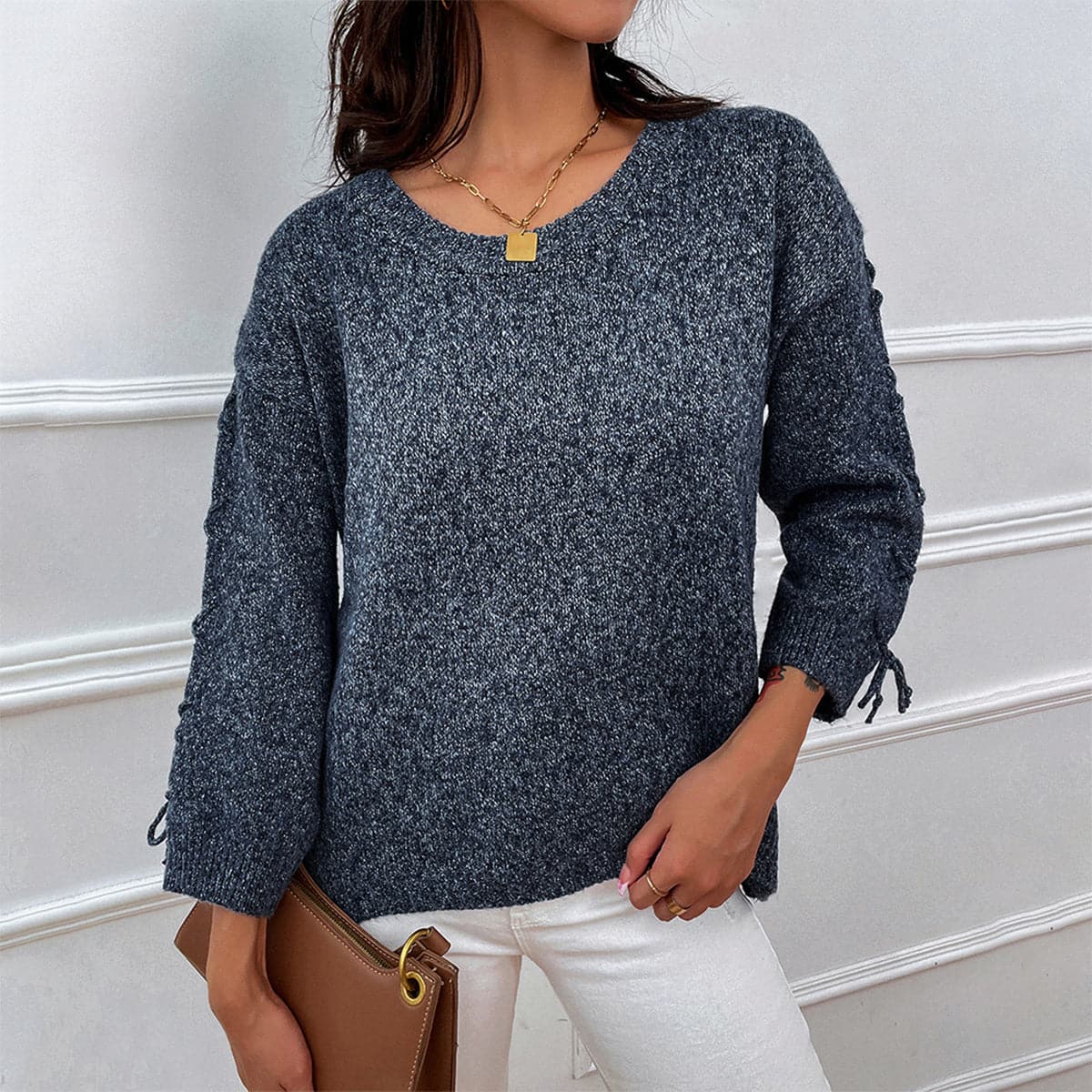 Lace-Up Long Sleeve Round Neck Sweater.