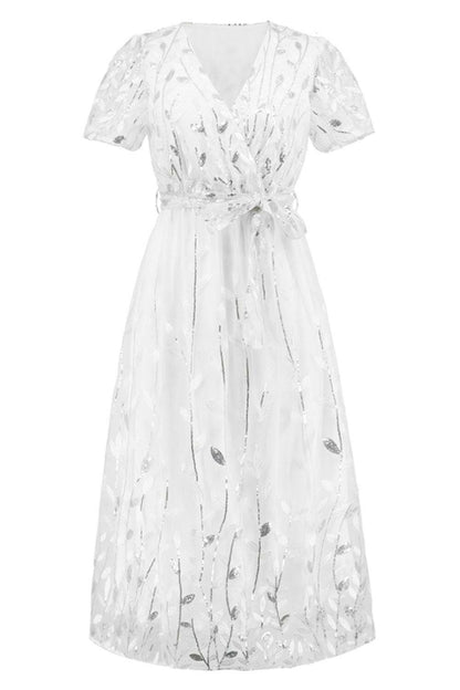 Sequin Leaf Embroidery Tie Front Short Sleeve Dress.