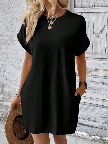 Round Neck Short Sleeve Mini Dress.