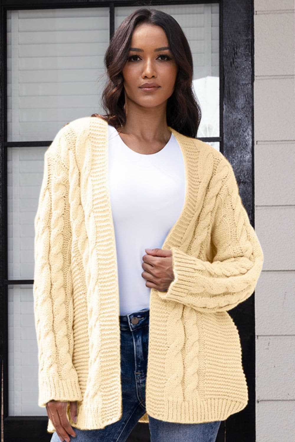 Open Front Cable-Knit Cardigan.