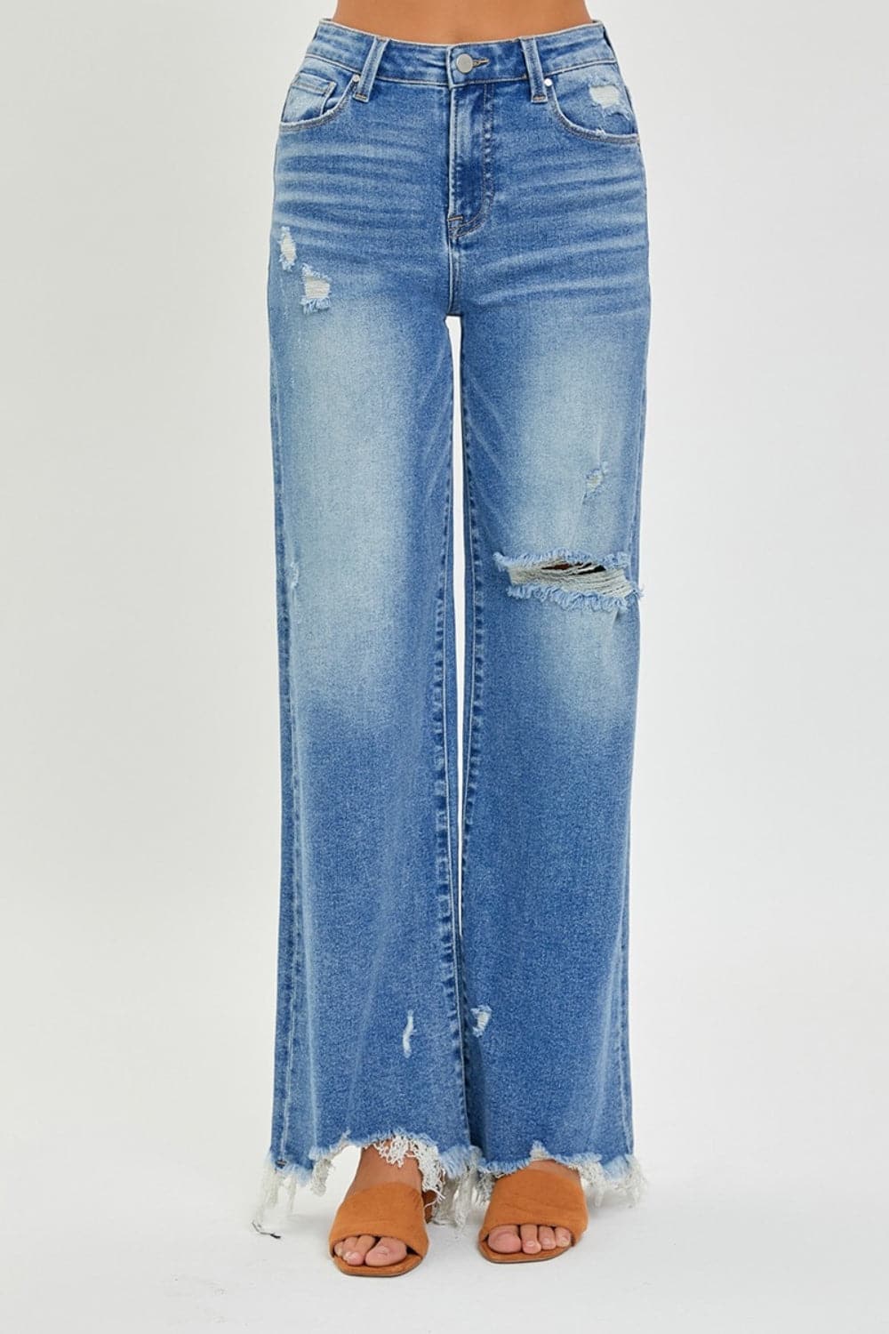 Risen Full Size High Rise Frayed Hem Wide Leg Jeans.