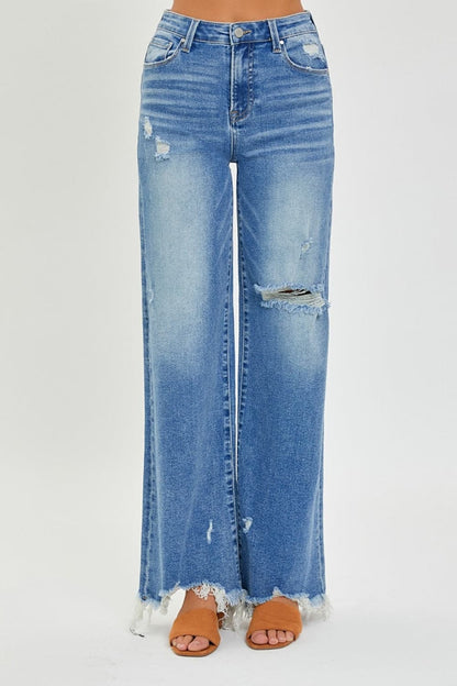 Risen Full Size High Rise Frayed Hem Wide Leg Jeans.