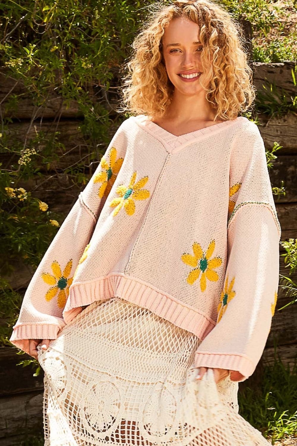 Chic floral chenille V-neck sweater for cozy style