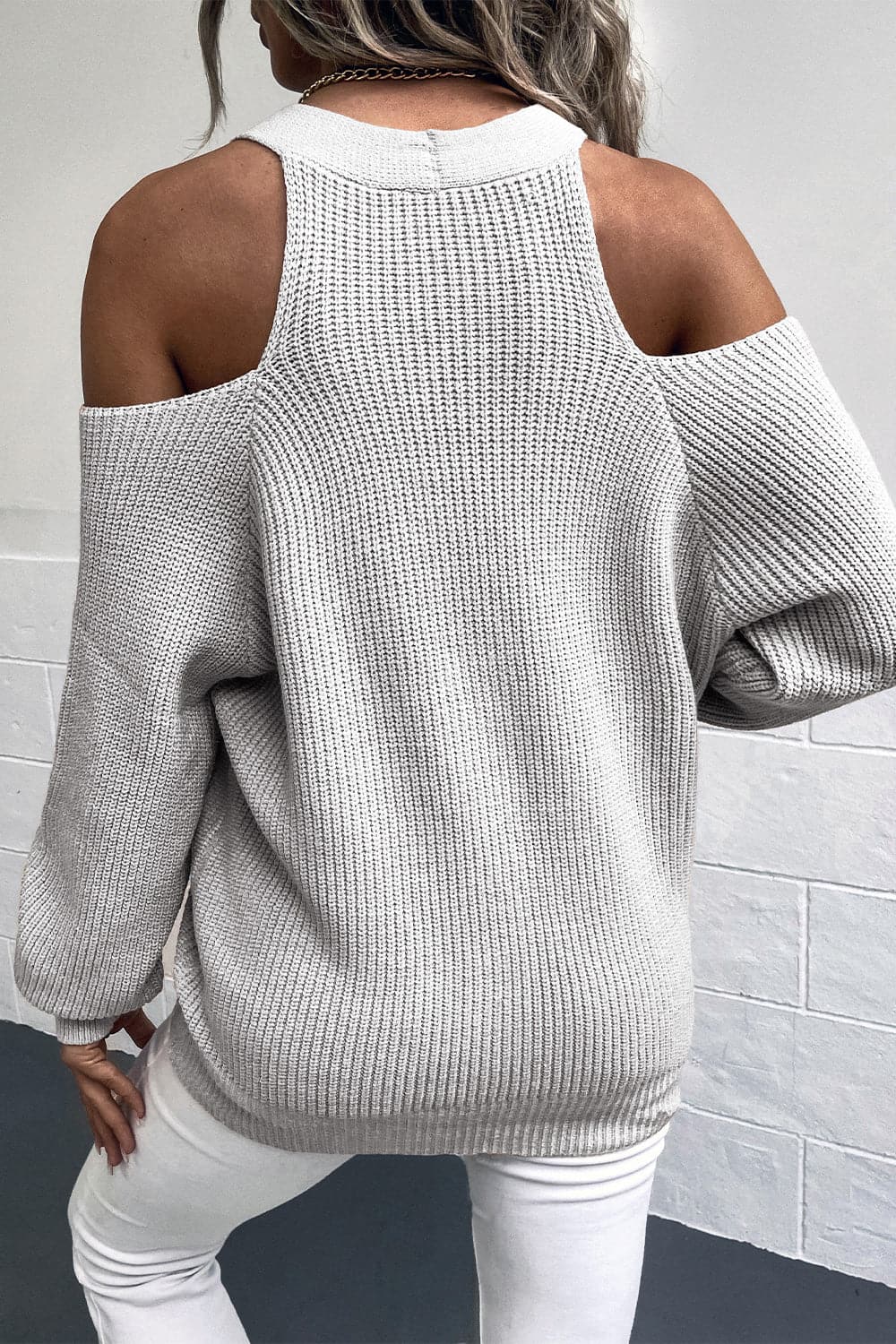 Cold Shoulder Plunge Neck Ribbed Cardigan.