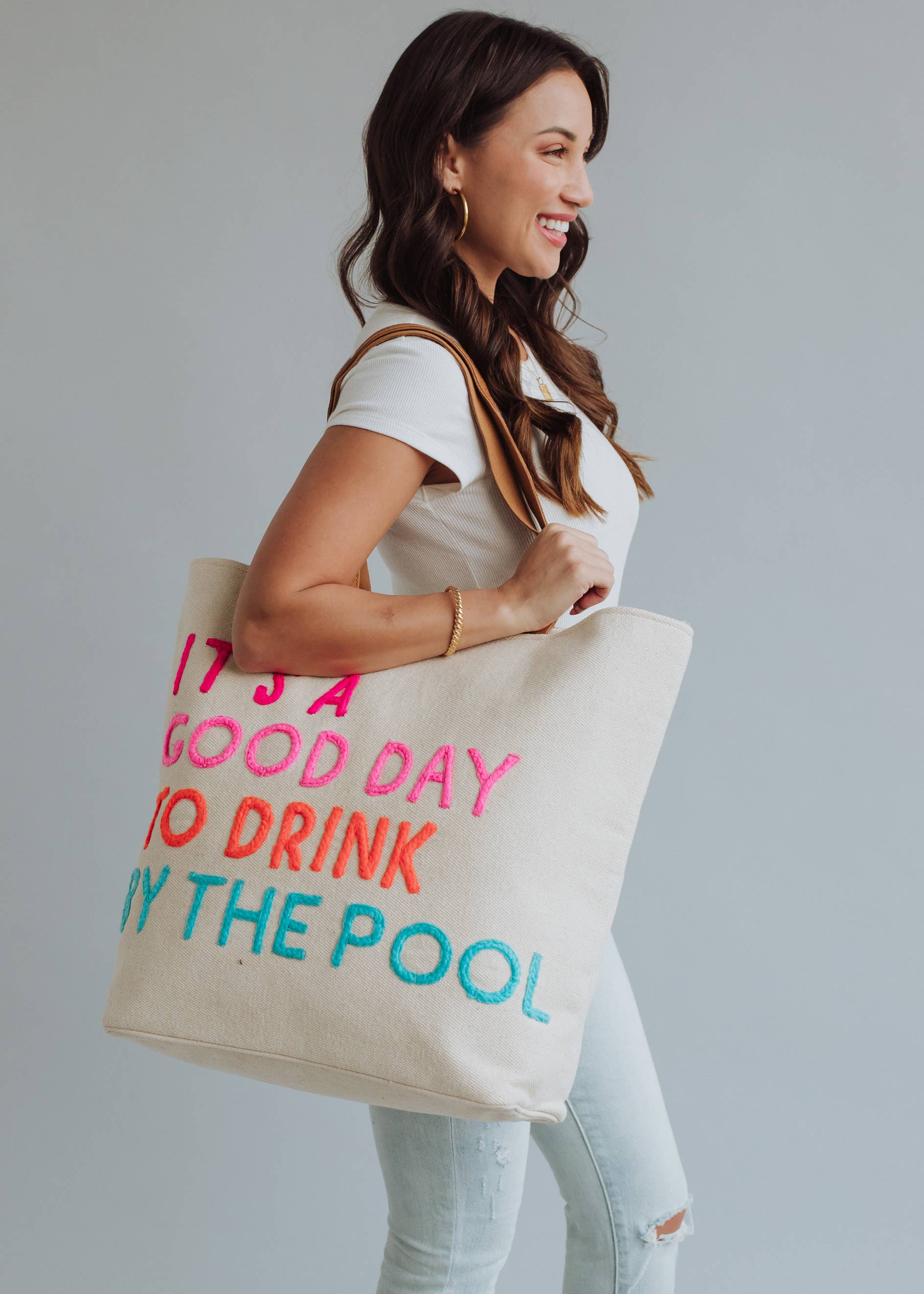Poolside Bliss Cotton Tote Beach Bag With Colorful Design Fitkitty Culture Athleisure Wear, Yoga Wear & Women's Clothing