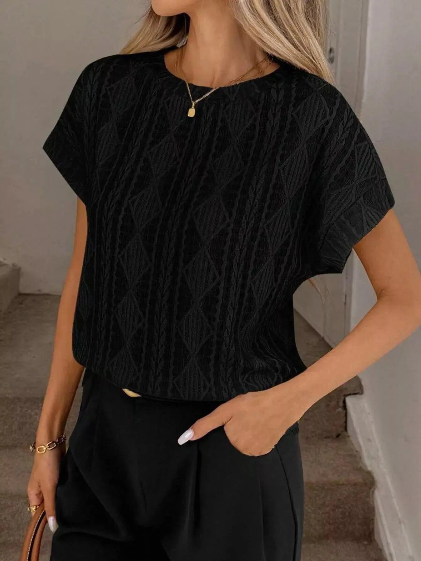 Diamond Pattern Round Neck Top Simply Love