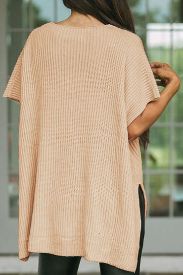 Waffle-Knit Slit Short Sleeve Sweater.