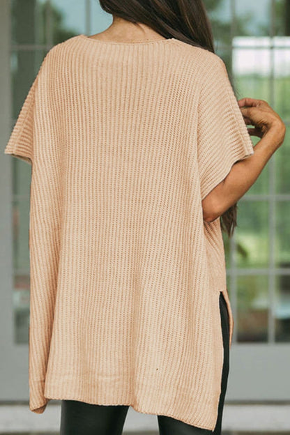 Waffle-Knit Slit Short Sleeve Sweater.