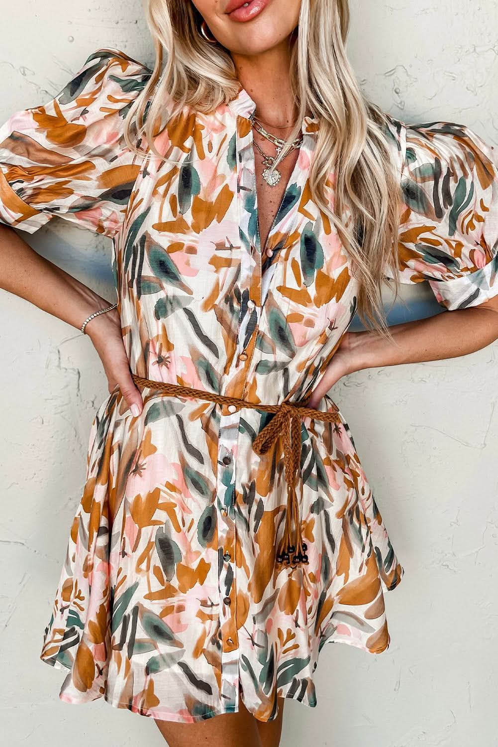 Brown Abstract Print Puff Sleeve Mini Dress with Braided Belt