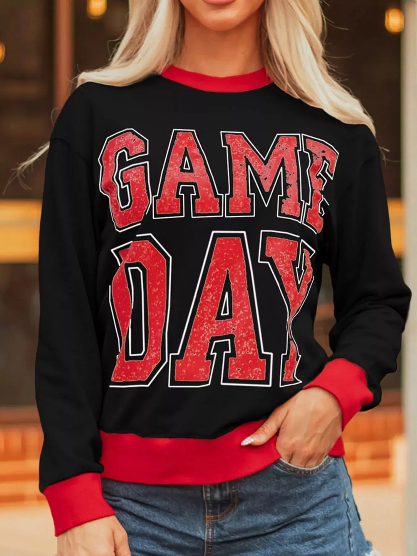 Game Day Graphic Varsity Baggy Long Sleeve Sweatshirt With Red Trim Simply Love