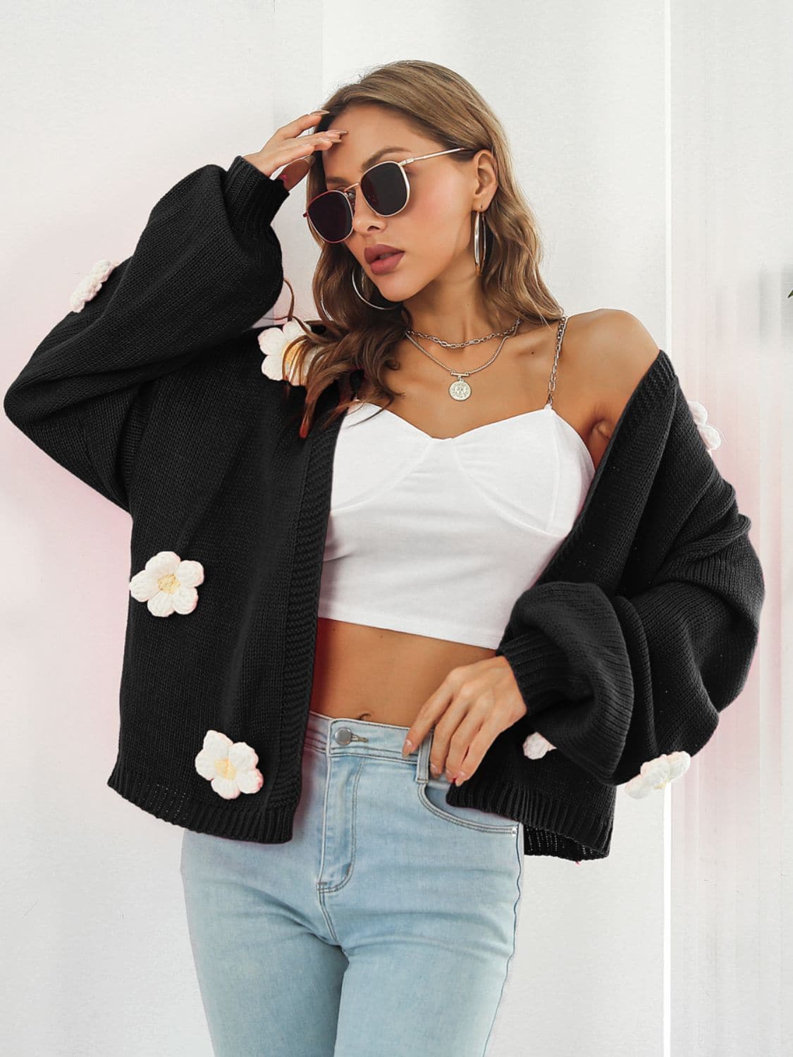 Floral Open Front Long Sleeve Cardigan.