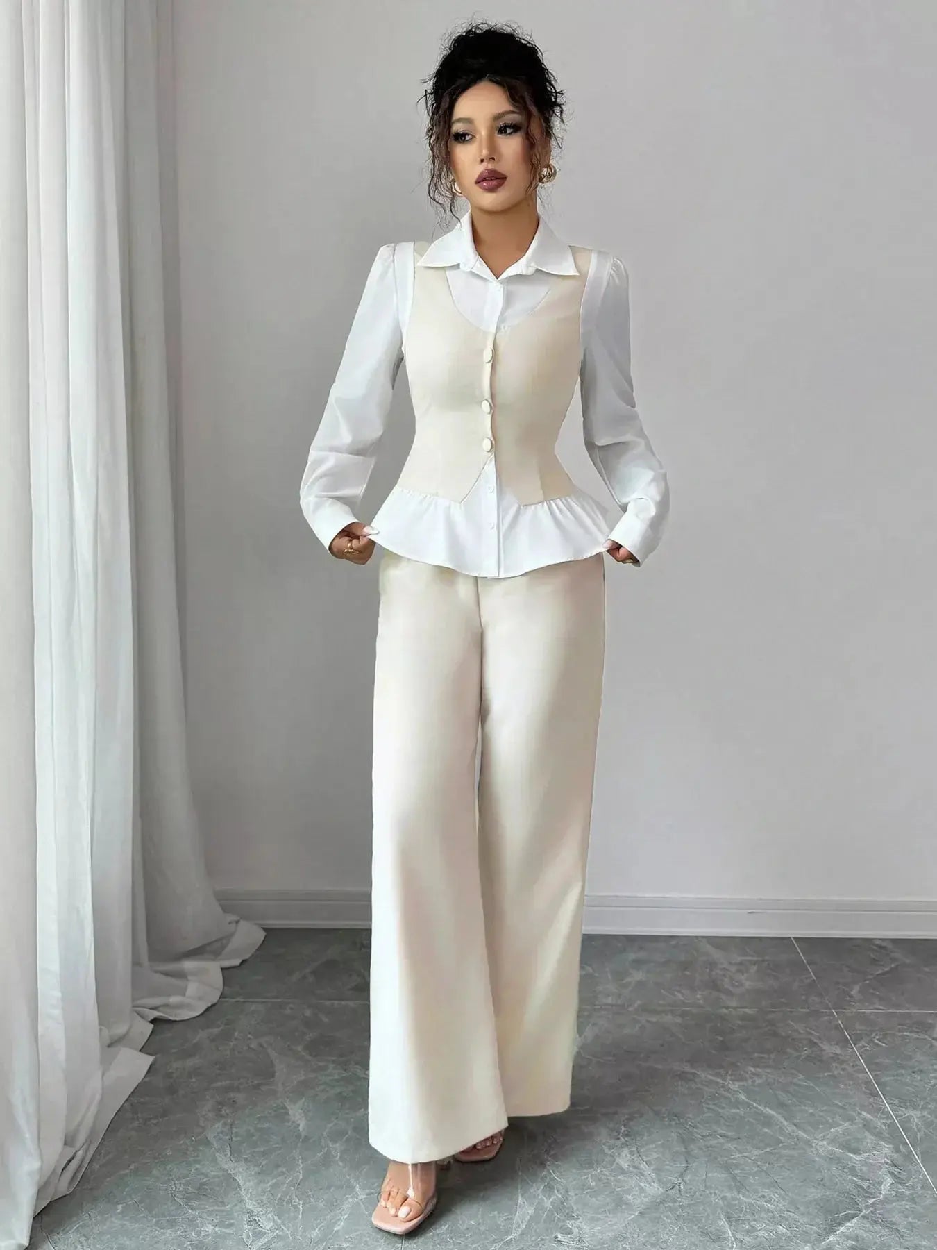 Imported Two Tone Shirt and Pants Set Two Piece Polyester Suit For Women Simply Love
