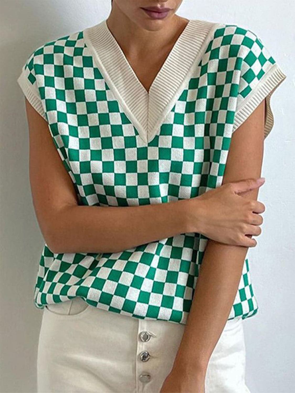 Full Size Checkered V-Neck Cap Sleeve Sweater.