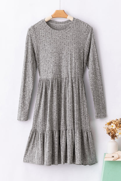 Gray Pinstriped Textured Ruffled A-line Midi Dress