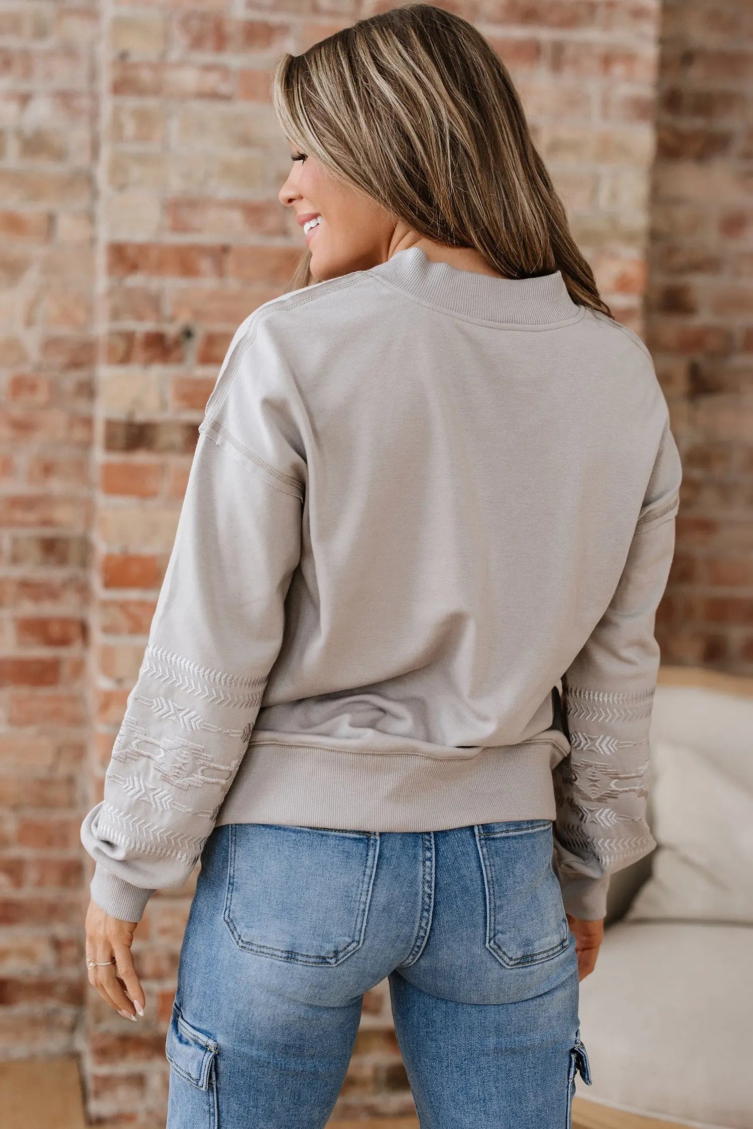 Dear-Lover Aztec Embroidered Khaki Women's V-Neck Sweatshirt Western Style Fall Fashion Dear-Lover Dropshipping