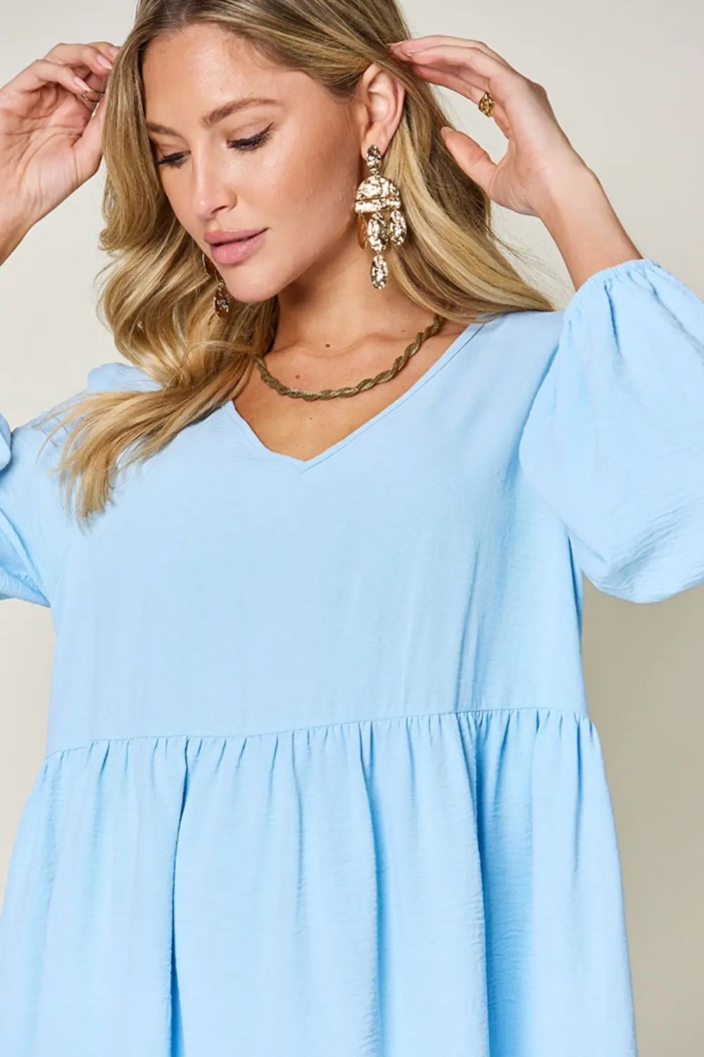 Double Take Full Size V-Neck Balloon Sleeve Tiered Dress - Love Salve