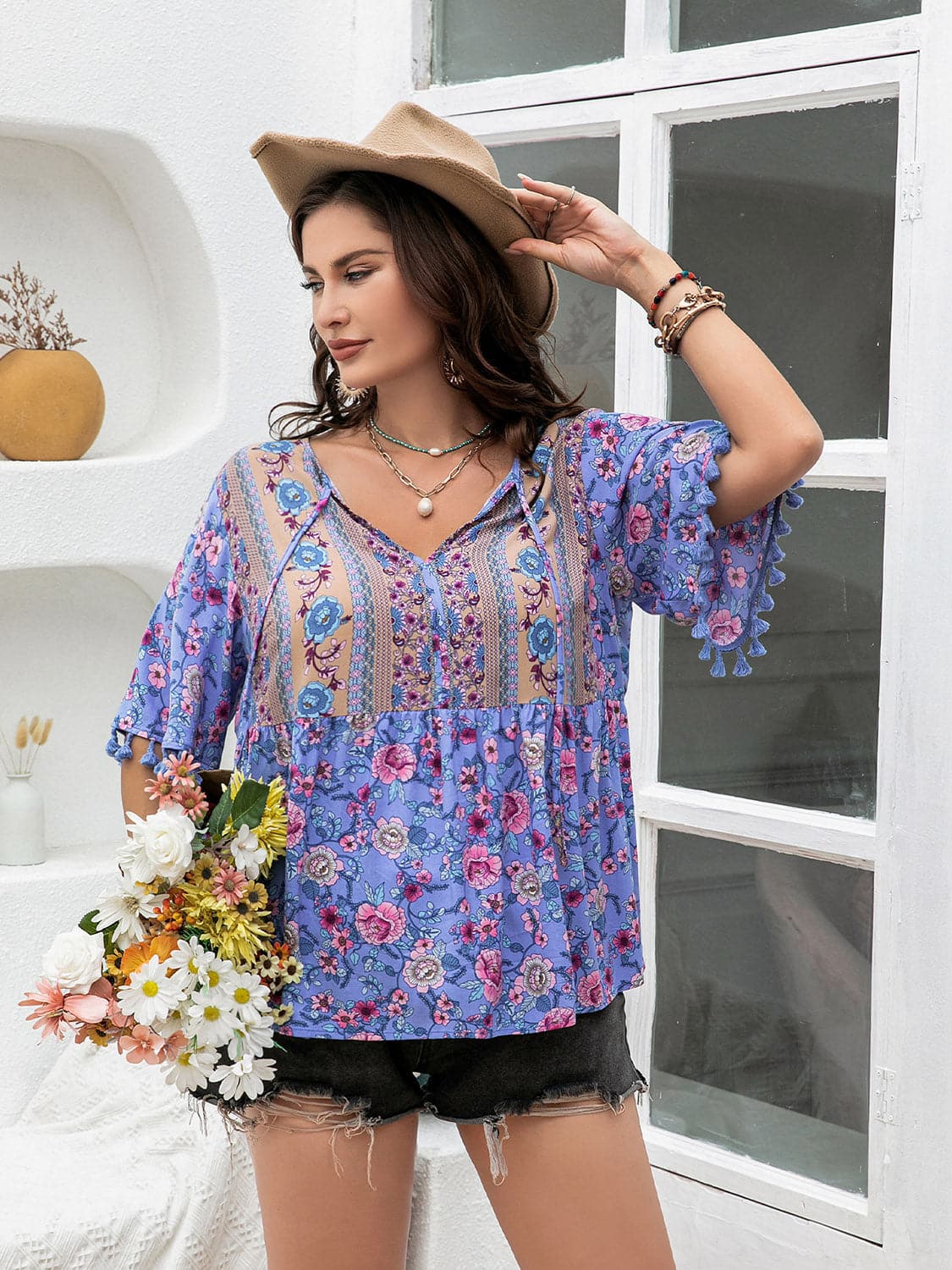 Plus Size Printed V-Neck Half Sleeve Blouse.