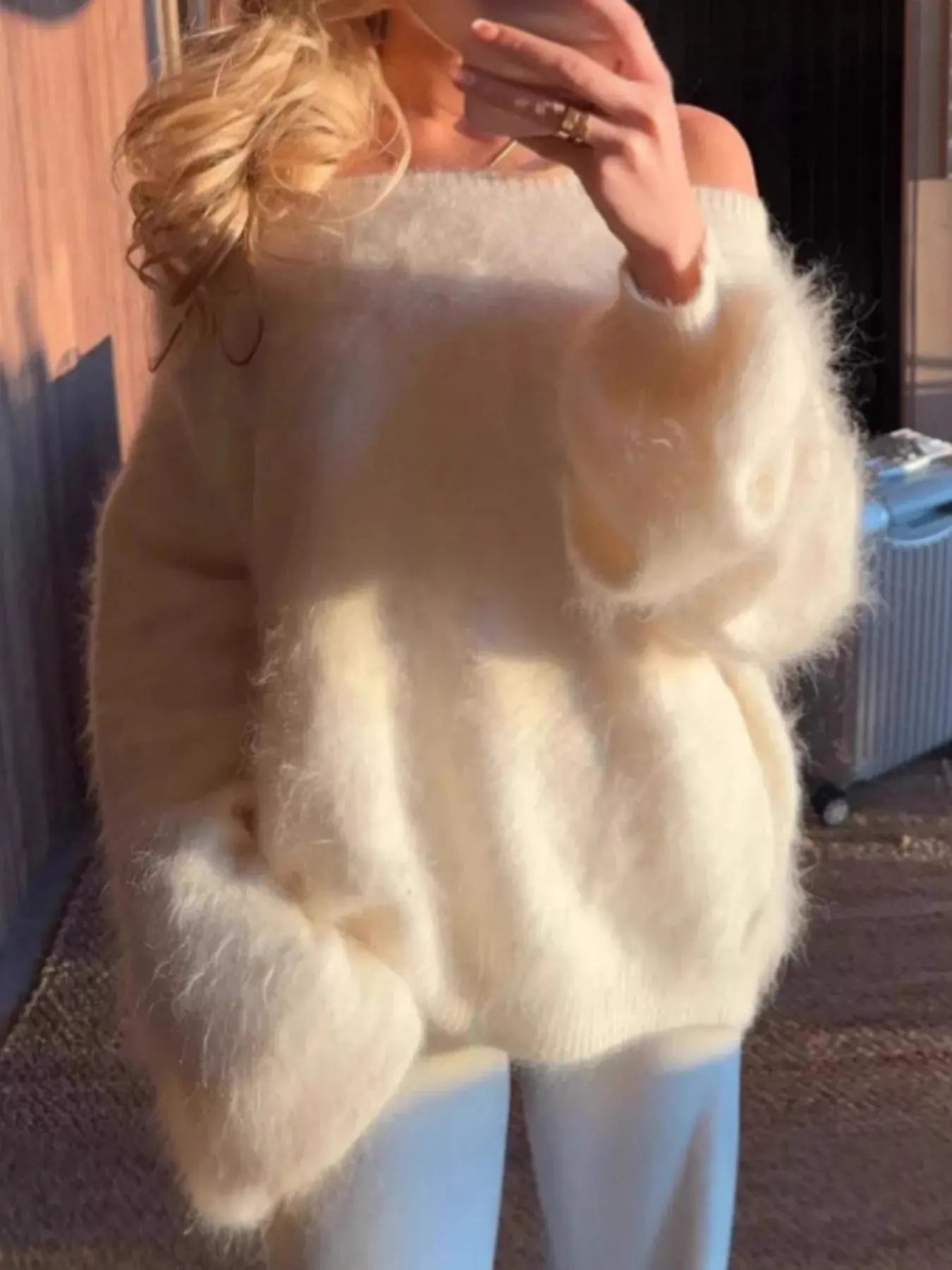 Fuzzy One Shoulder Oversized Pink Acrylic Knit Sweater Simply Love