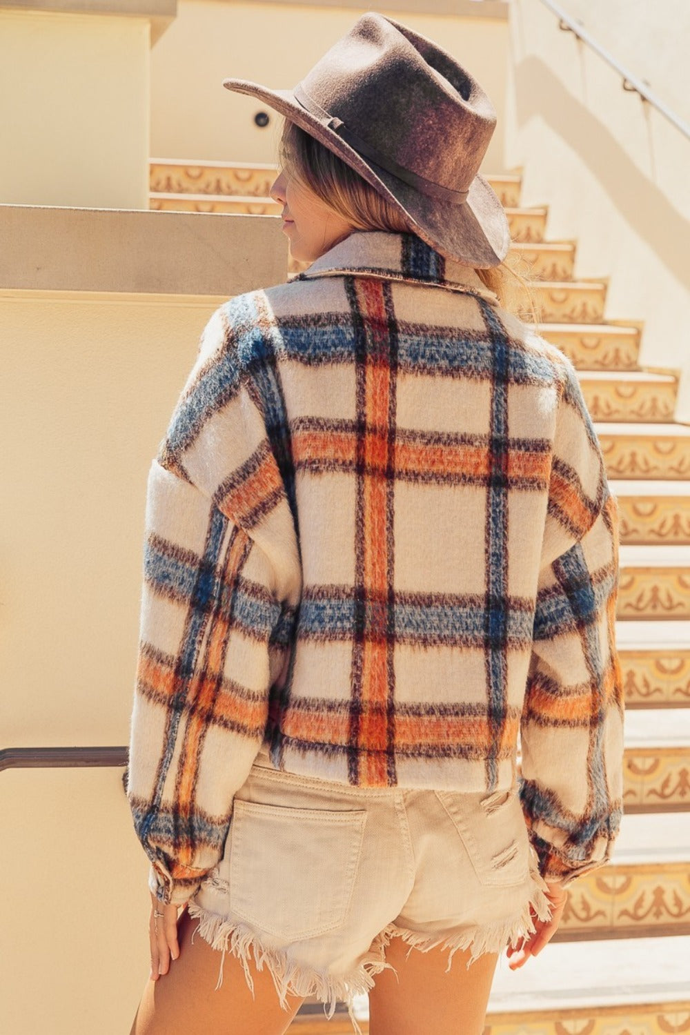 BiBi Brushed Plaid Crop Jacket with Pockets Coco’s Tee Boutique