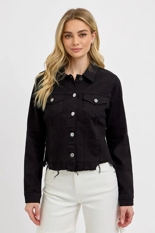 Risen Full Size Irregular Fray Hem Button Up Denim Jacket Plus Size - Love Salve 