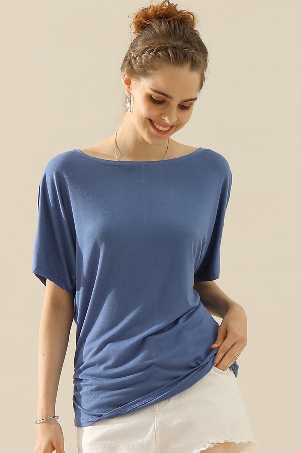 Ninexis Boat Neck Short Sleeve Ruched Side Top.