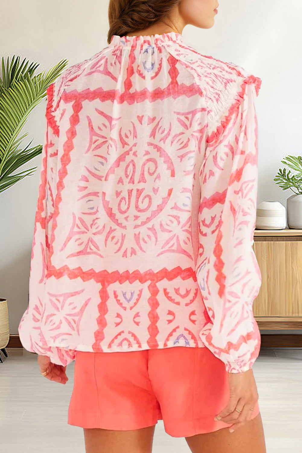 Desert Flower Vintage Print Smocked Poet Collar Blouse