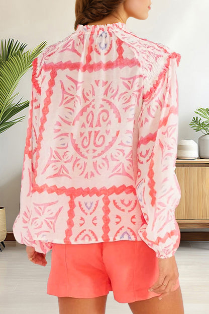 Desert Flower Vintage Print Smocked Poet Collar Blouse