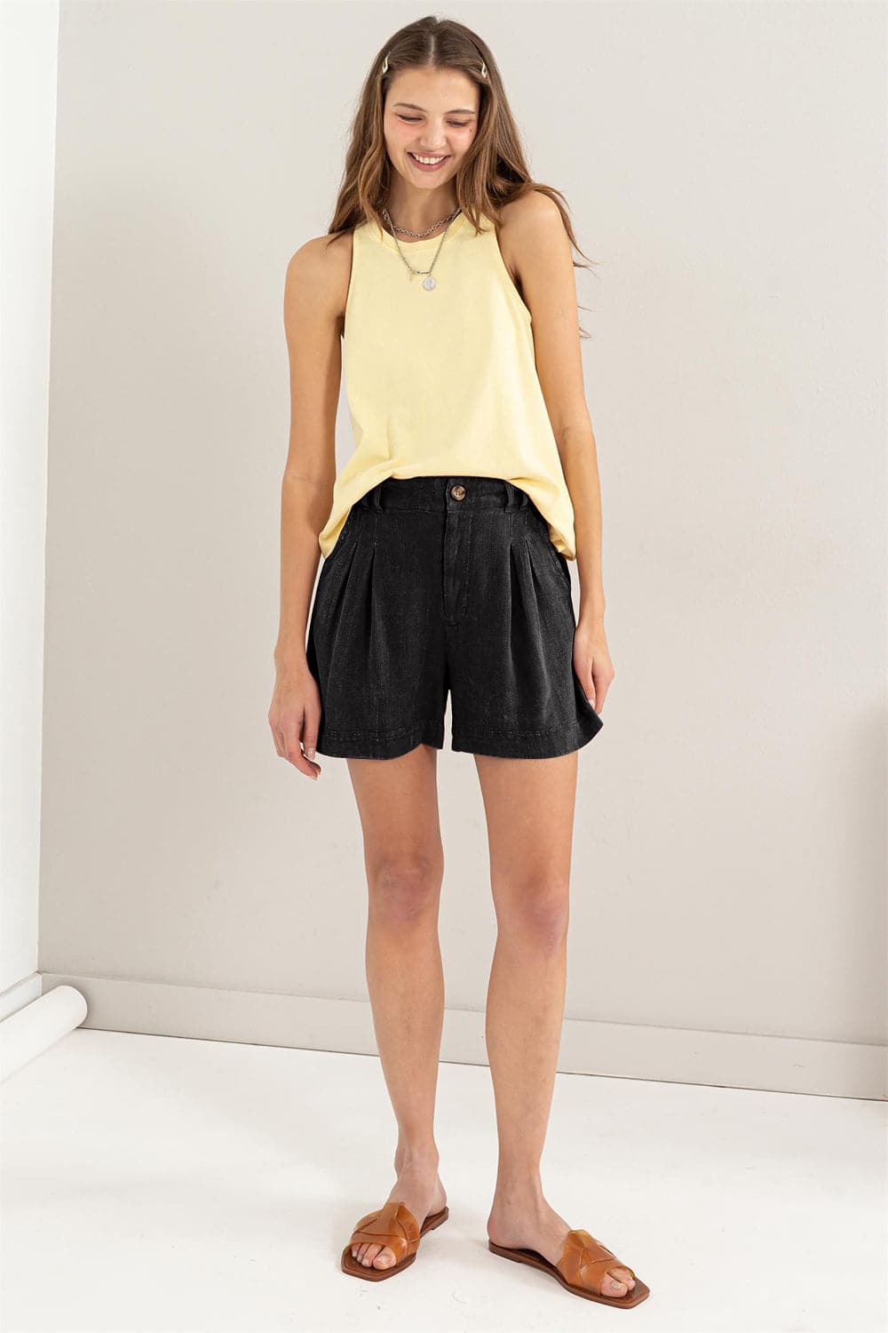 HYFVE High Waist Pleated Linen Shorts.