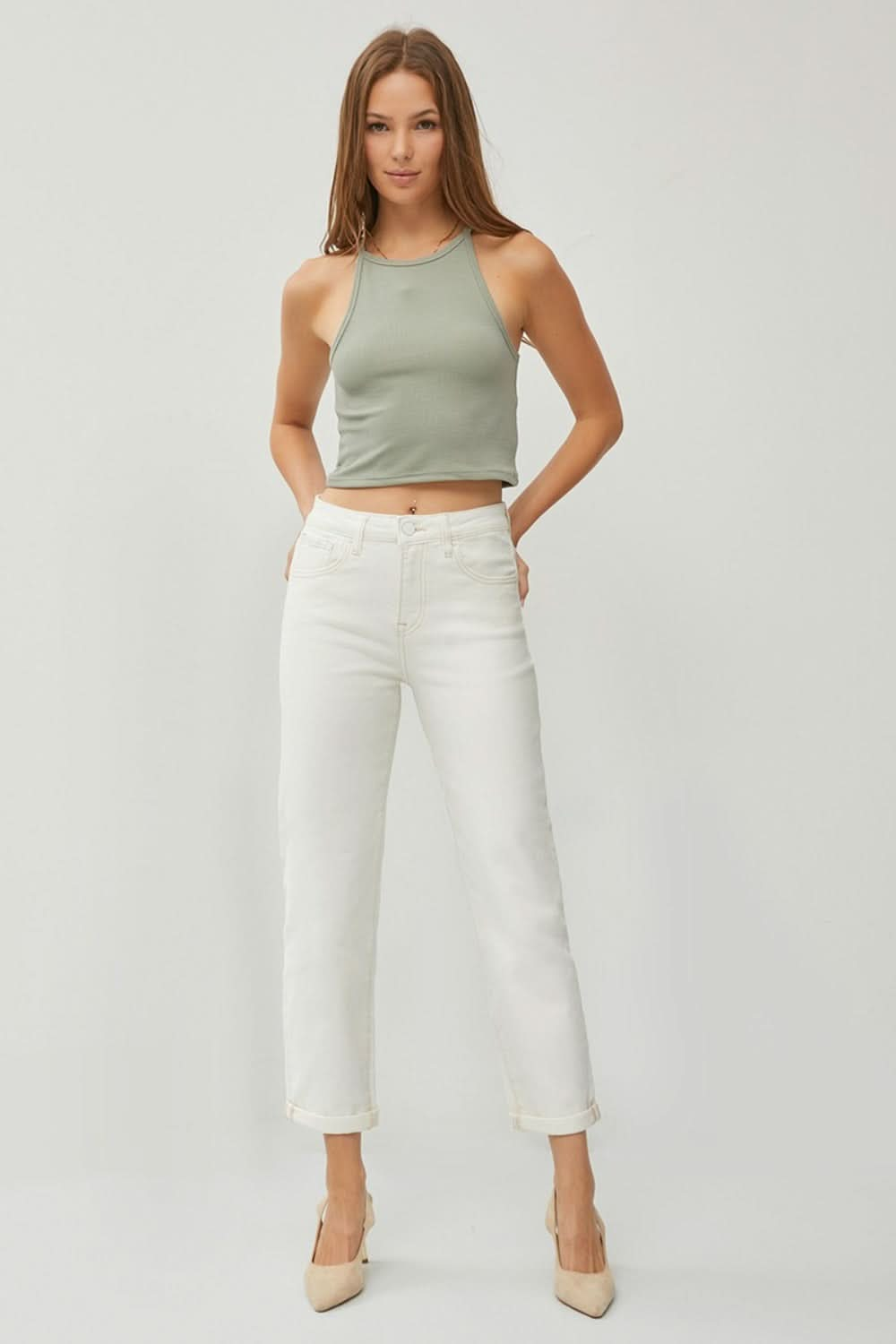 Elevate your style with high waist rolled hem straight jeans