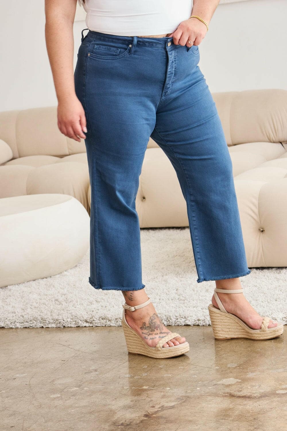 RFM Full Size Tummy Control High Waist Raw Hem Jeans.