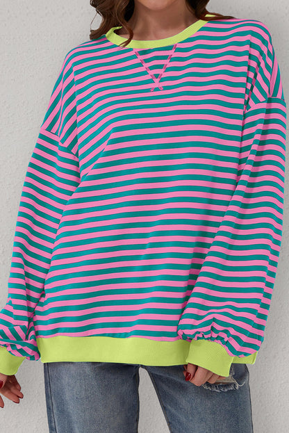 Trendy oversized green striped pullover