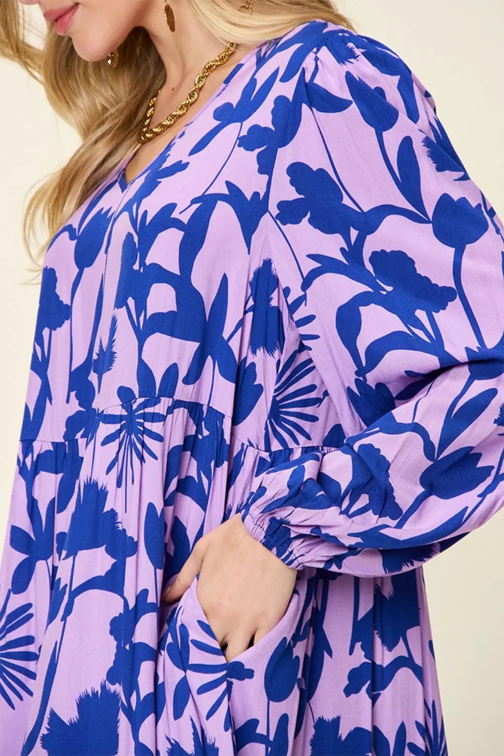 Double Take Full Size Printed Ruffle Hem Long Sleeve Dress - Love Salve