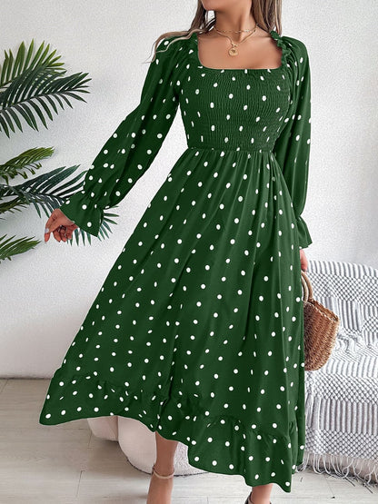 Polka Dot Flounce Sleeve Midi Dress.