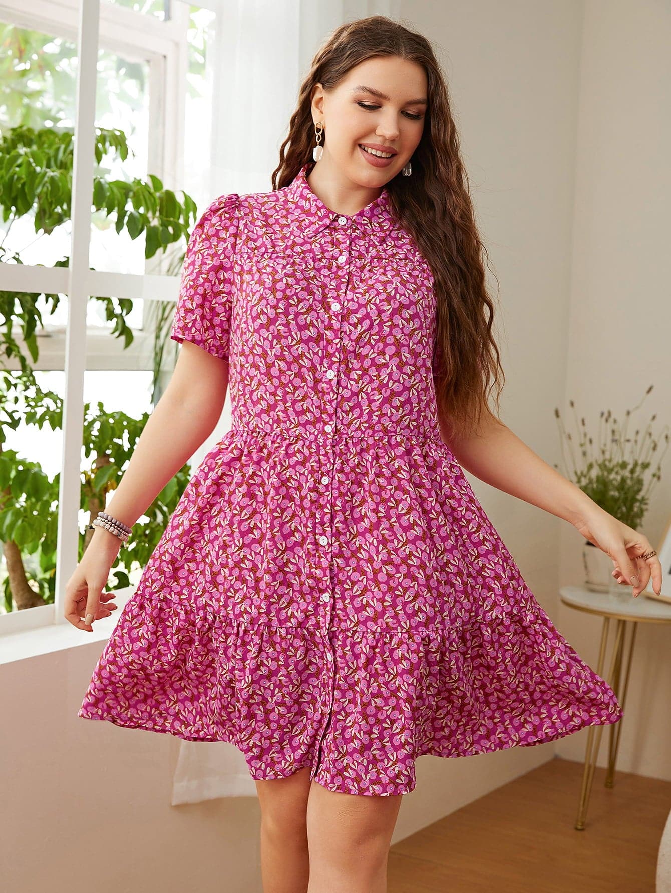 Plus Size Printed Short Sleeve Collared Dress.