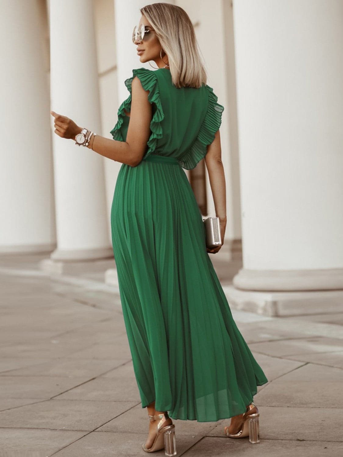 Tied Surplice Cap Sleeve Pleated Dress.