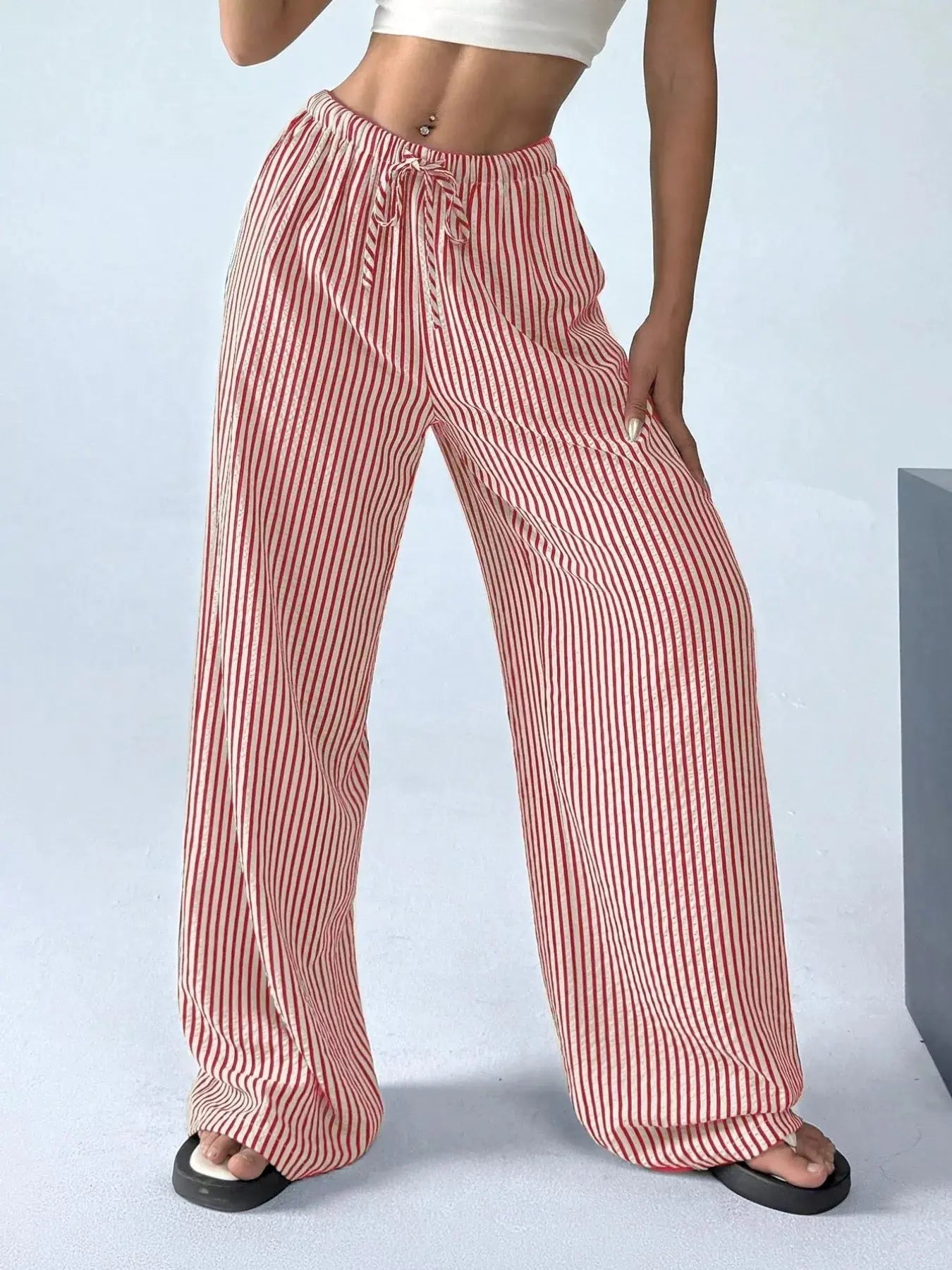 Full Size Striped Drawstring Waist Wide Leg Pants Plus Size Simply Love