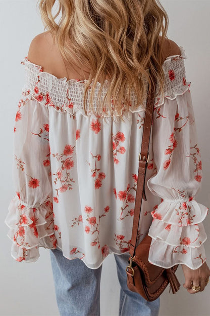 Floral Smocked Off-Shoulder Blouse with Ruffled Flounce Sleeves