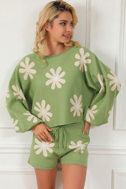 Flower Pattern Long Sleeve Sweater and Drawstring Shorts Set.