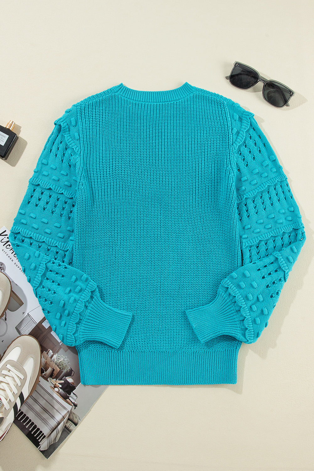 Turquoise ruffled bubble sleeve knit sweater