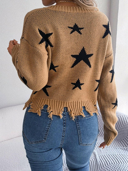 Star Pattern Distressed V-Neck Cropped Sweater.