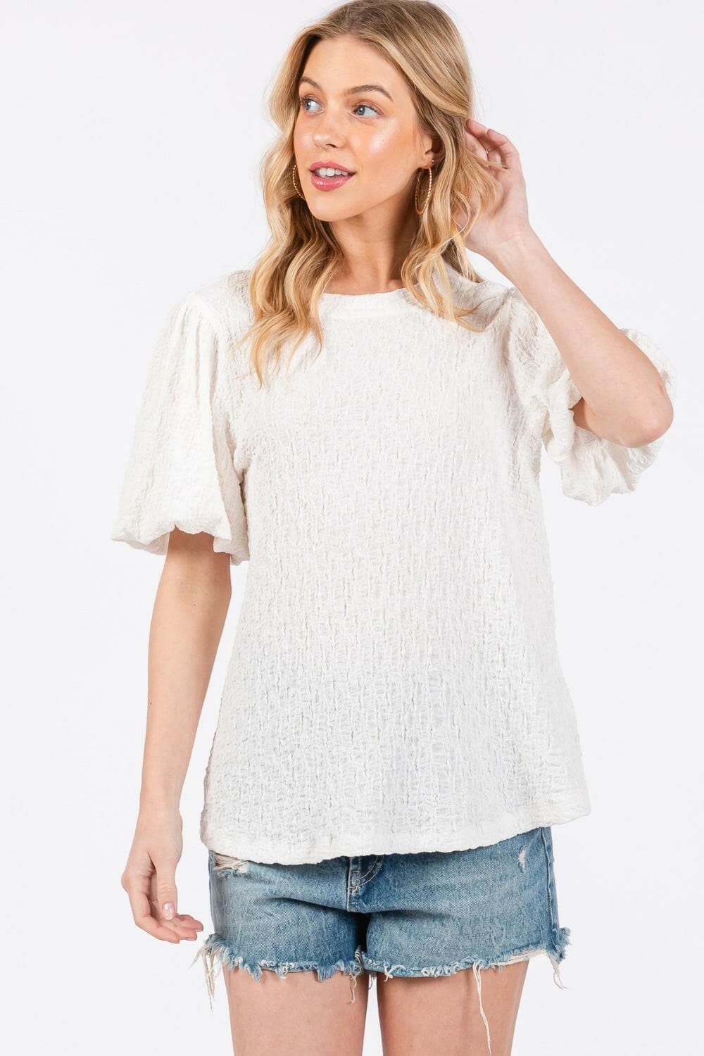 Ces Femme Textured Puff Sleeve Top.