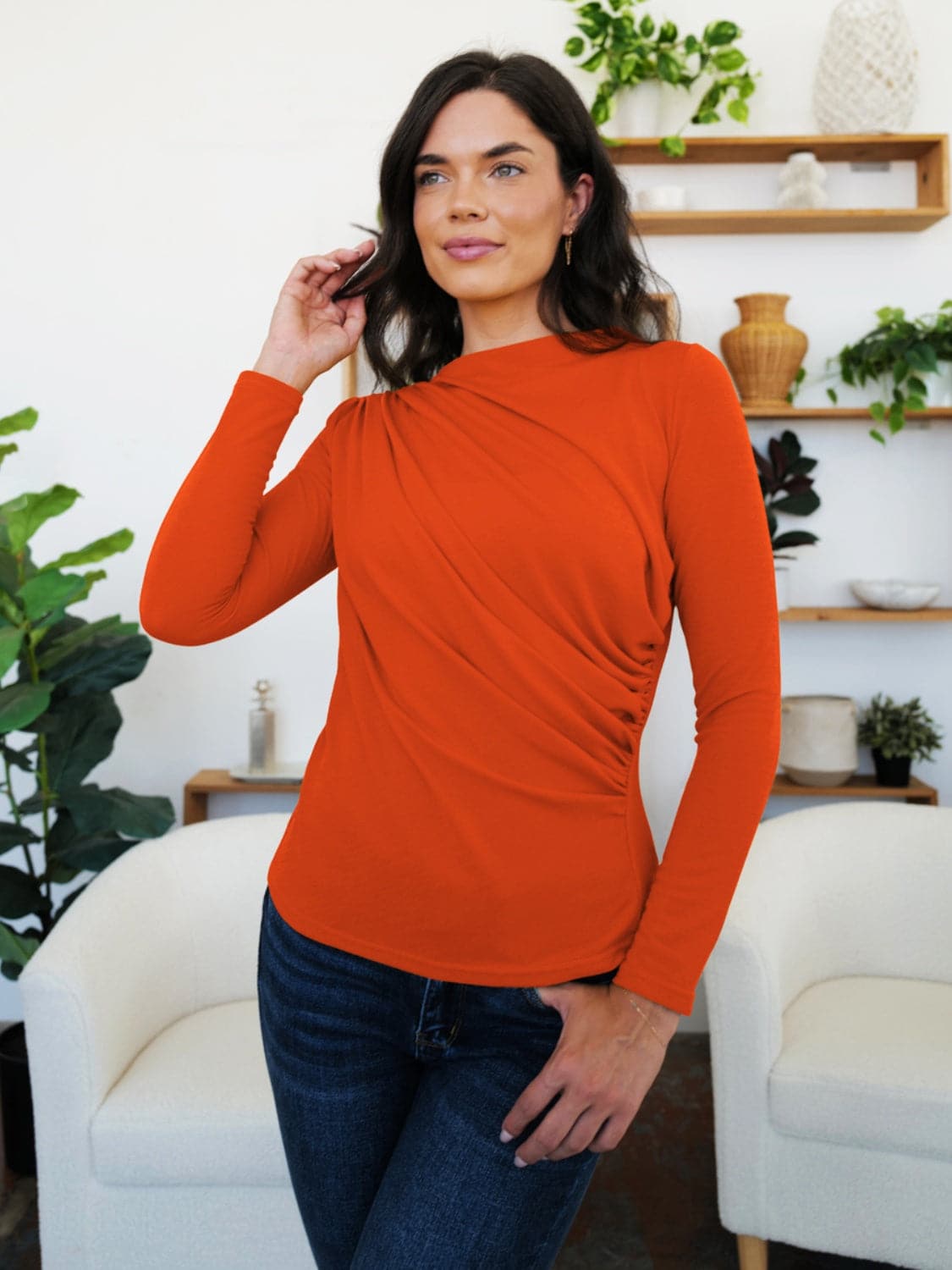 Ruched long sleeve mock neck tee