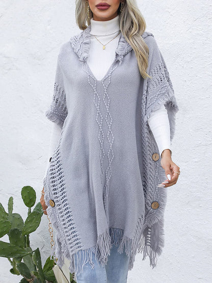 Fringe Trim Buttoned Hooded Poncho.