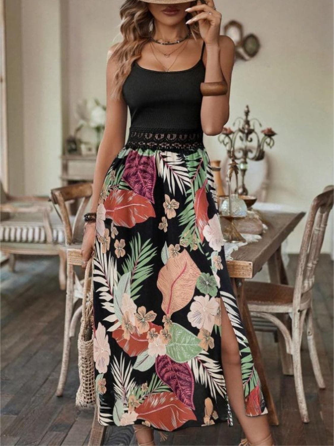 Slit Printed Scoop Neck Cami Dress.