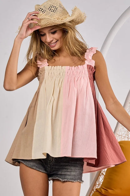 BiBi Frill Shoulder Strap Color Block Bodice Top - Love Salve 