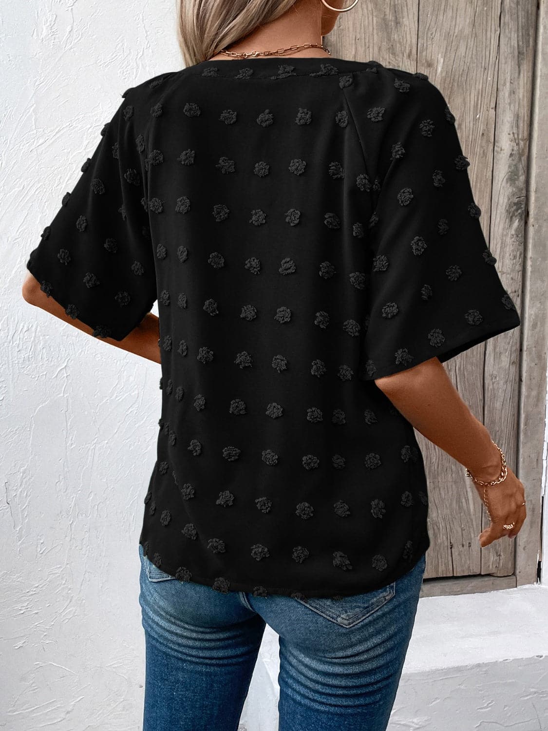 Swiss Dot Notched Half Sleeve Blouse.