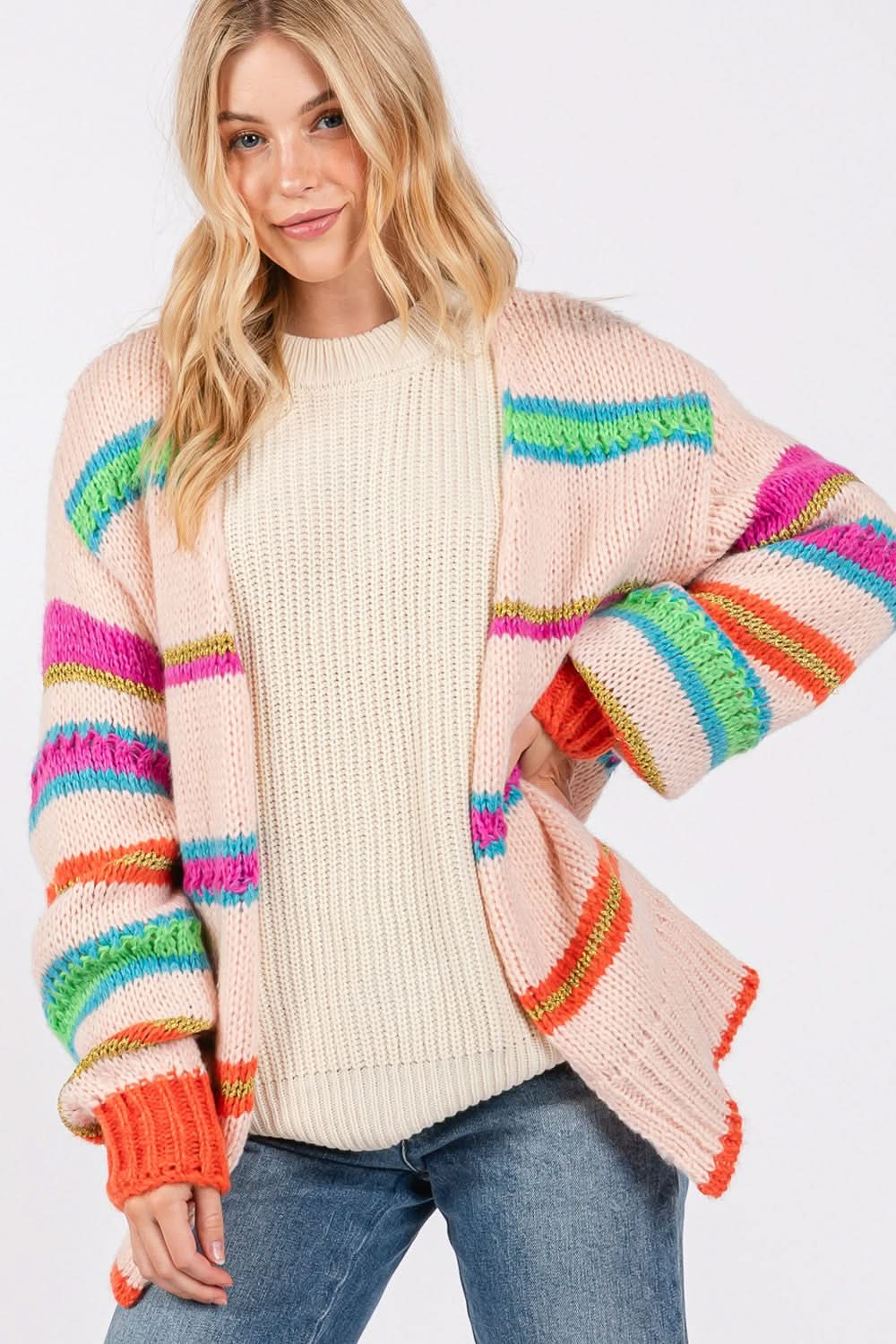 SAGE + FIG Rainbow Striped Open Front Knit Cardigan