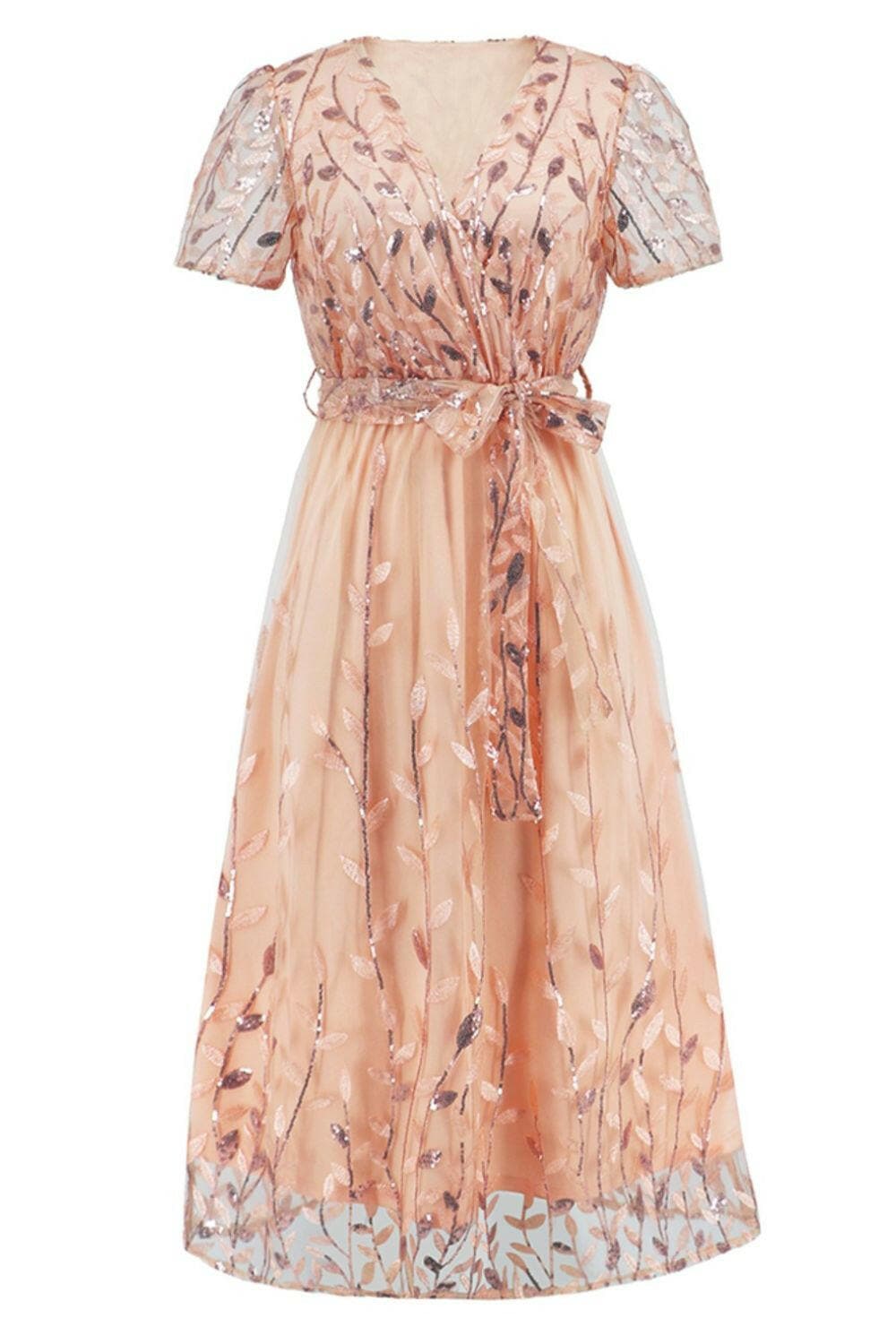 Sequin Leaf Embroidery Tie Front Short Sleeve Dress.